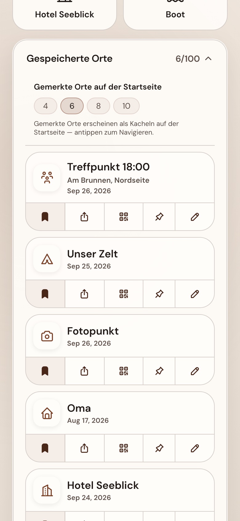 Gespeicherte Orte: jeder mit Name, Symbol, Notiz und Tasten zum Navigieren, Verschicken, QR-Code zeigen und Merken