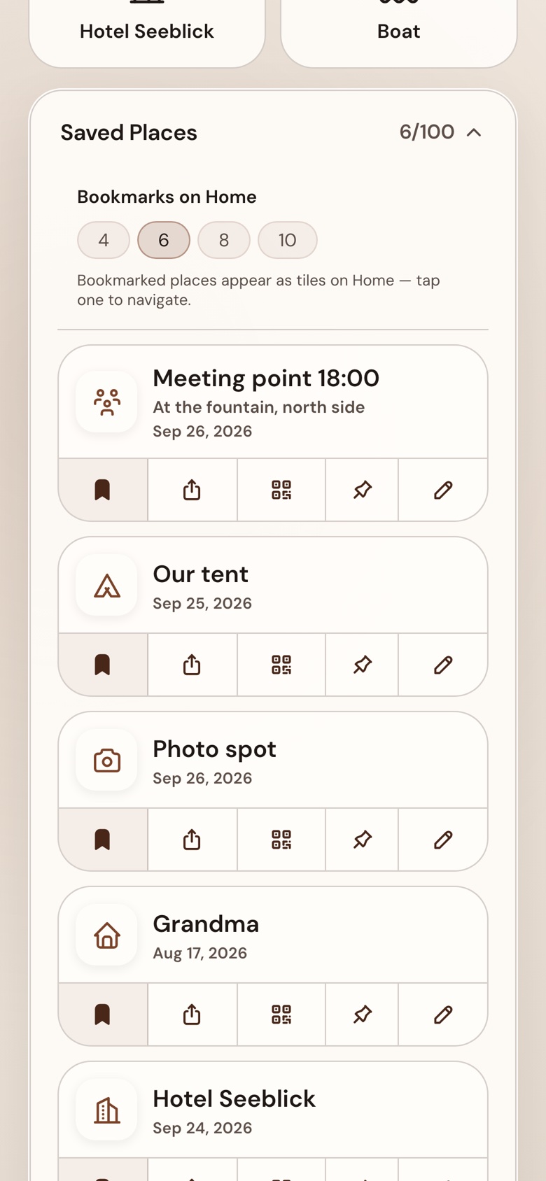 Saved places: each with a name, an icon, a note, and buttons to navigate, send, show a QR code and bookmark
