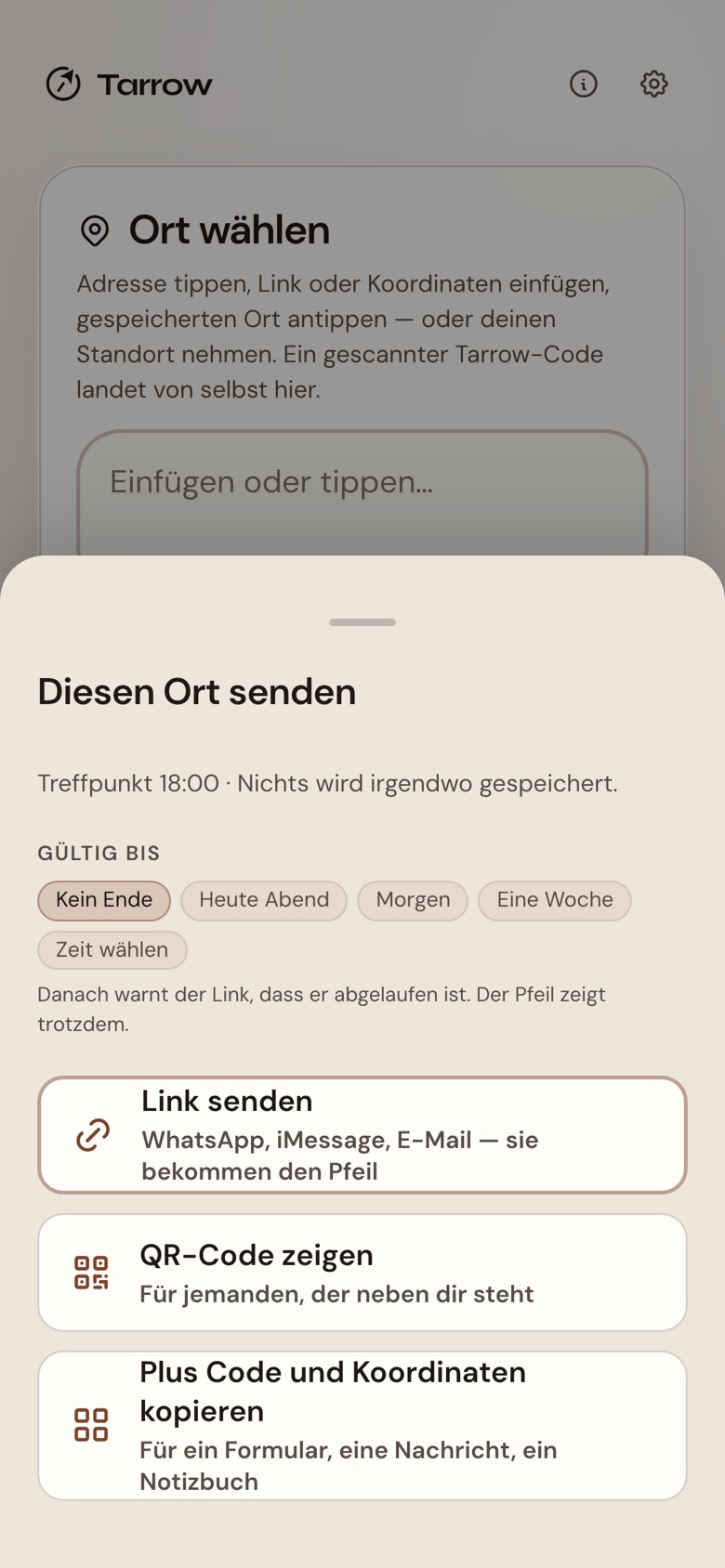 Das Senden-Blatt: Link verschicken, QR-Code zeigen, Plus Code und Koordinaten kopieren