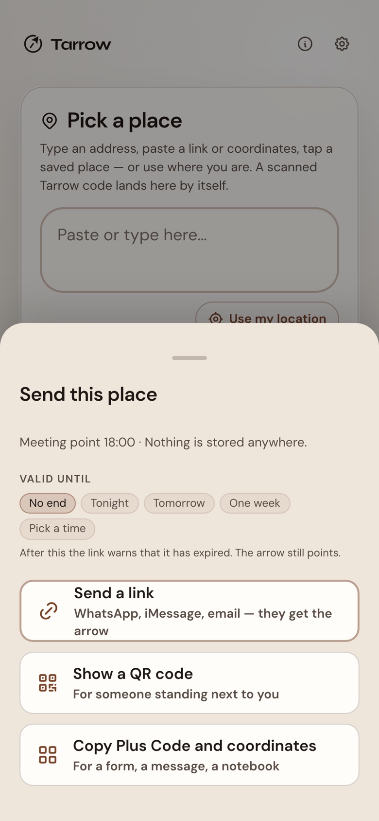 The Send sheet: send a link, show a QR code, copy Plus Code and coordinates