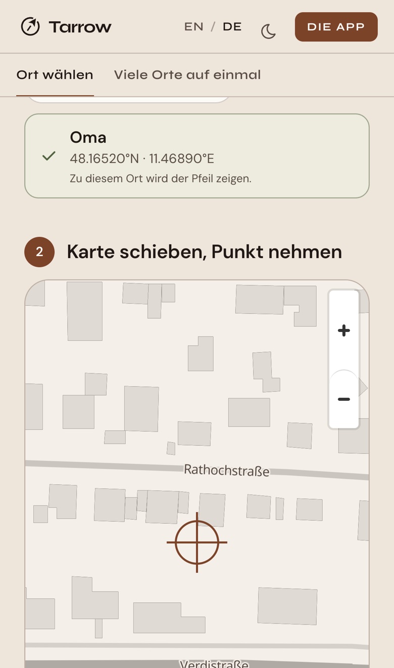 Die Seite „Ort wählen“: der gefundene Ort, Oma, und darunter die Karte mit dem Fadenkreuz auf der Stelle