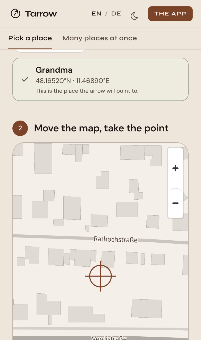 The Pick a place page: the place found, Grandma, and under it the map with the crosshair on the spot