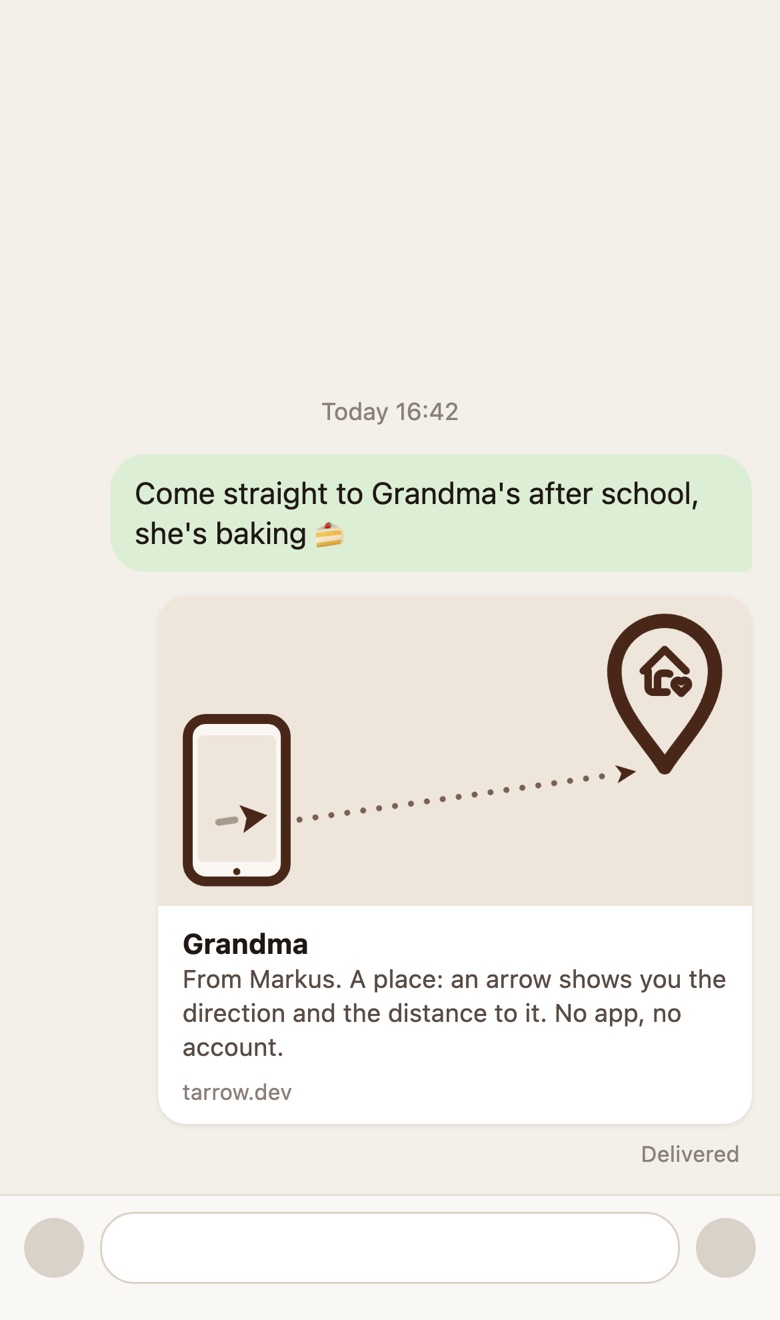 A chat message with the link and its preview: Grandma, an arrow, no app needed