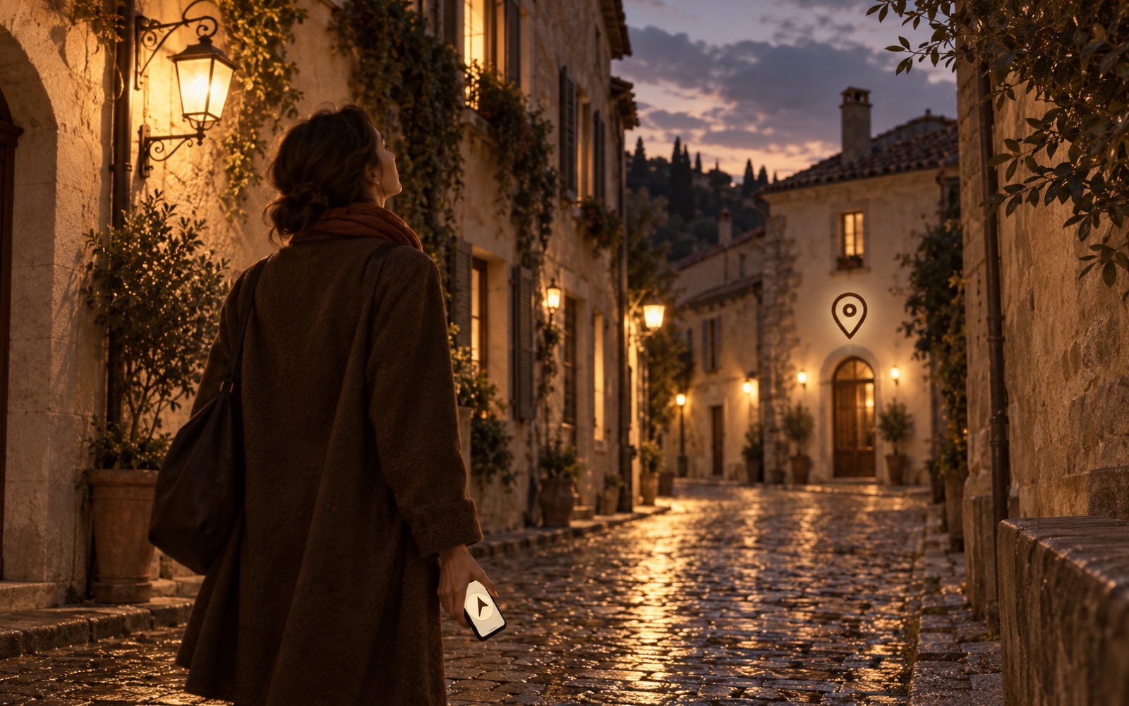 Eine Abendstraße; jemand geht und schaut nach oben, das Handy tief in der Hand, ein Pin über einer Tür weiter vorn.